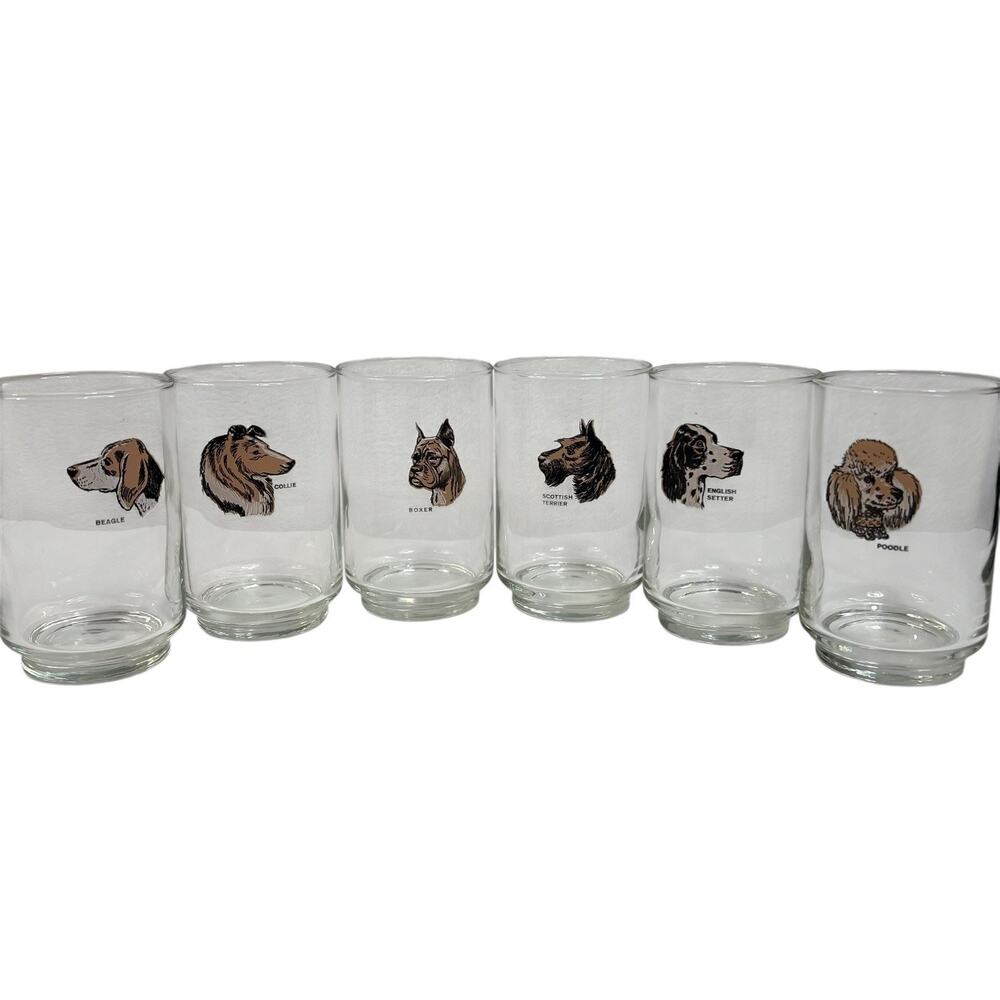 6 Vtg Dogs Beagle Collie Boxer Terrier Poodle Setter Low Ball Bar‎ Glasses MCM
